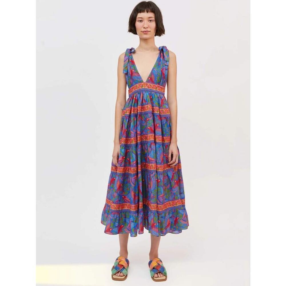 Farm Rio Flight Cotton Midi Dress Sleeveless Striped Blue Macaw Size XL NWT